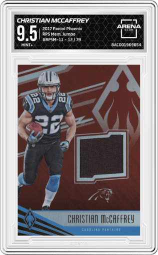 Christian McCaffrey from the 2017 Panini Phoenix set featuring a Jumbo parallel graded by Arena Club and given an overall grade of 9.5.