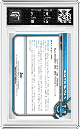 Bijan Robinson from the 2021-22 Bowman University set featuring a Pink Refractor parallel graded by Arena Club and given an overall grade of 9.5.