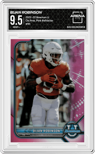 Bijan Robinson from the 2021-22 Bowman University set featuring a Pink Refractor parallel graded by Arena Club and given an overall grade of 9.5.