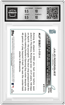 Julio Rodriguez from the 2022 Topps Update  set graded by Arena Club and given an overall grade of 10.