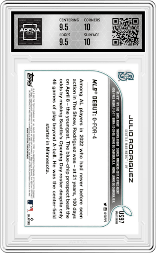 Julio Rodriguez from the 2022 Topps Update  set graded by Arena Club and given an overall grade of 10.