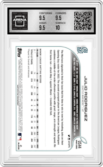 Julio Rodriguez from the 2022 Topps Update  set graded by Arena Club and given an overall grade of 10.
