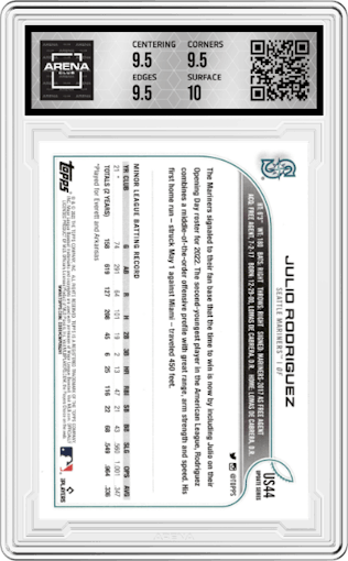 Julio Rodriguez from the 2022 Topps Update  set graded by Arena Club and given an overall grade of 10.