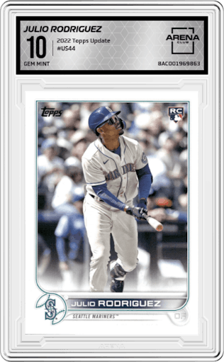 Julio Rodriguez from the 2022 Topps Update  set graded by Arena Club and given an overall grade of 10.