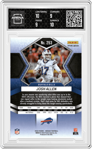 Josh Allen from the 2022 Panini Mosaic set featuring a Reactive Orange parallel graded by Arena Club and given an overall grade of 9.5.