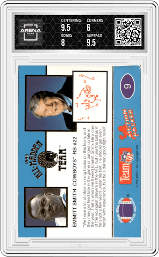 Emmitt Smith from the 1990 Action Packed All-Madden set graded by Arena Club and given an overall grade of 6.5.