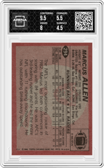 Marcus Allen from the 1983 Topps set graded by Arena Club and given an overall grade of 5.