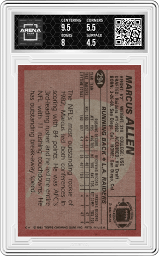 Marcus Allen from the 1983 Topps set graded by Arena Club and given an overall grade of 5.
