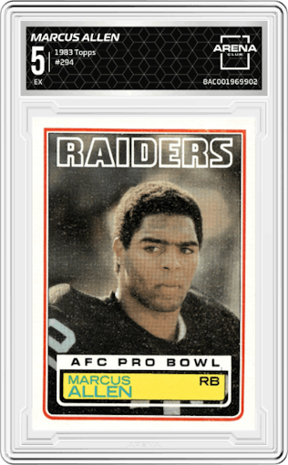 Marcus Allen from the 1983 Topps set graded by Arena Club and given an overall grade of 5.