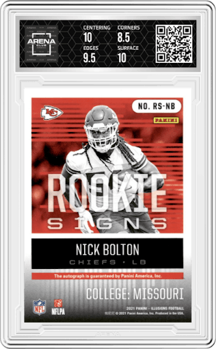 Nick Bolton from the 2021 Panini Illusions set graded by Arena Club and given an overall grade of 9.