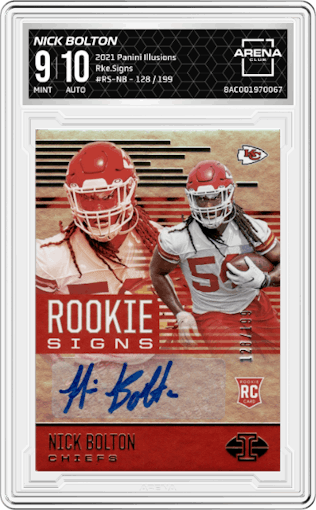 Nick Bolton from the 2021 Panini Illusions set graded by Arena Club and given an overall grade of 9.