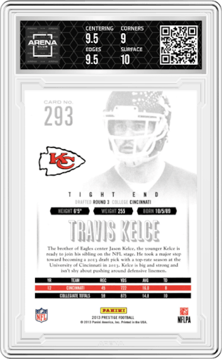 Travis Kelce from the 2013 Prestige set graded by Arena Club and given an overall grade of 9.5.