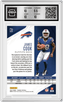 James Cook from the 2022 Panini Phoenix set featuring a Red Mojo parallel graded by Arena Club and given an overall grade of 10.