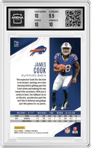 James Cook from the 2022 Panini Phoenix set featuring a Red Mojo parallel graded by Arena Club and given an overall grade of 10.
