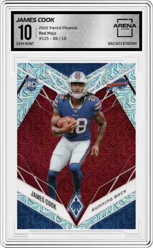 James Cook from the 2022 Panini Phoenix set featuring a Red Mojo parallel graded by Arena Club and given an overall grade of 10.