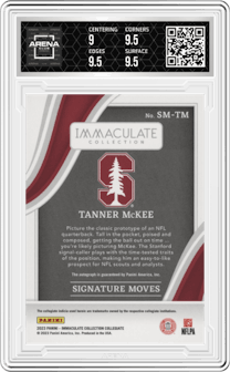 Tanner McKee from the 2023 Panini Immaculate Collection Collegiate set featuring a Ruby parallel graded by Arena Club and given an overall grade of 9.5.