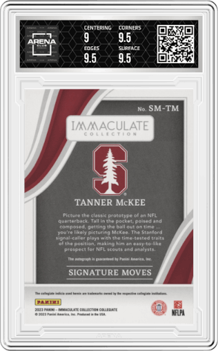 Tanner McKee from the 2023 Panini Immaculate Collection Collegiate set featuring a Ruby parallel graded by Arena Club and given an overall grade of 9.5.