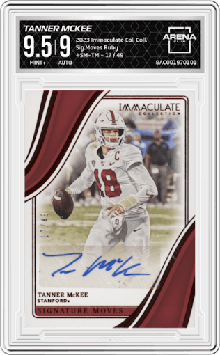 Tanner McKee from the 2023 Panini Immaculate Collection Collegiate set featuring a Ruby parallel graded by Arena Club and given an overall grade of 9.5.