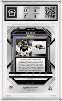 Ed Reed from the 2022 Panini Prizm set featuring a Blue Shimmer parallel graded by Arena Club and given an overall grade of 10.