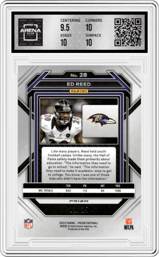 Ed Reed from the 2022 Panini Prizm set featuring a Blue Shimmer parallel graded by Arena Club and given an overall grade of 10.