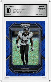 Ed Reed from the 2022 Panini Prizm set featuring a Blue Shimmer parallel graded by Arena Club and given an overall grade of 10.