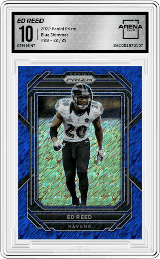 Ed Reed from the 2022 Panini Prizm set featuring a Blue Shimmer parallel graded by Arena Club and given an overall grade of 10.