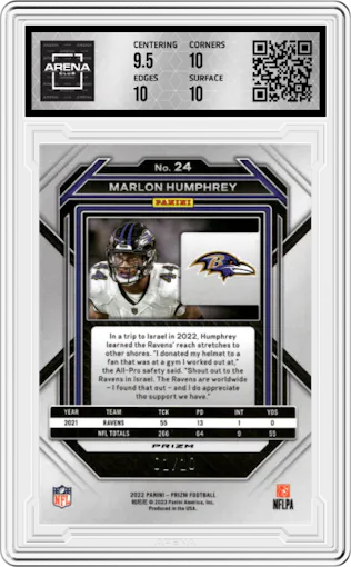 Marlon Humphrey from the 2022 Panini Prizm set featuring a Gold Prizm parallel graded by Arena Club and given an overall grade of 10.