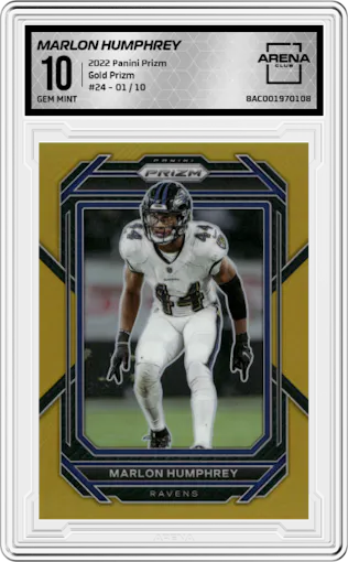 Marlon Humphrey from the 2022 Panini Prizm set featuring a Gold Prizm parallel graded by Arena Club and given an overall grade of 10.