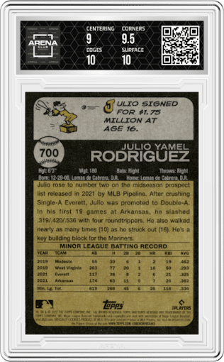 Julio Rodriguez from the 2022 Topps Heritage High Number set graded by Arena Club and given an overall grade of 9.5.
