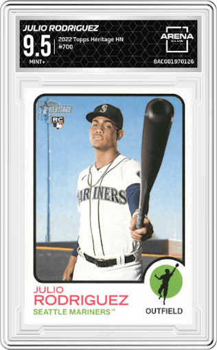 Julio Rodriguez from the 2022 Topps Heritage High Number set graded by Arena Club and given an overall grade of 9.5.
