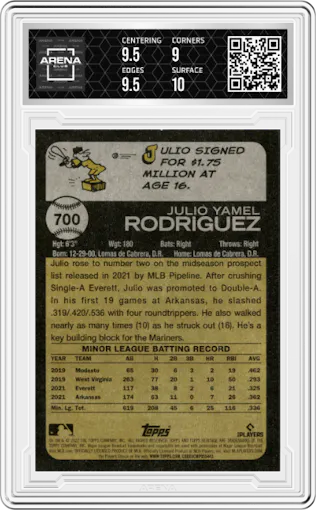 Julio Rodriguez from the 2022 Topps Heritage High Number set graded by Arena Club and given an overall grade of 9.5.