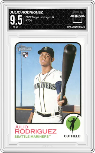 Julio Rodriguez from the 2022 Topps Heritage High Number set graded by Arena Club and given an overall grade of 9.5.