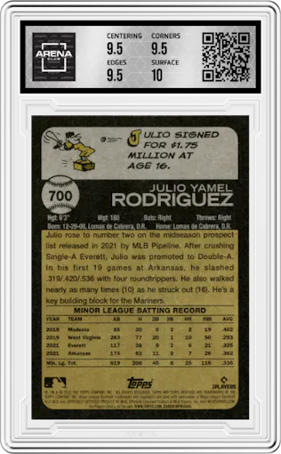 Julio Rodriguez from the 2022 Topps Heritage High Number set graded by Arena Club and given an overall grade of 10.