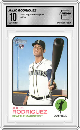 Julio Rodriguez from the 2022 Topps Heritage High Number set graded by Arena Club and given an overall grade of 10.