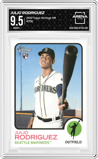 Julio Rodriguez from the 2022 Topps Heritage High Number set graded by Arena Club and given an overall grade of 9.5.