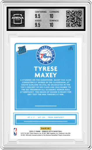Tyrese Maxey from the 2020-21 Panini Donruss Optic set graded by Arena Club and given an overall grade of 10.