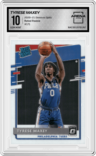 Tyrese Maxey from the 2020-21 Panini Donruss Optic set graded by Arena Club and given an overall grade of 10.