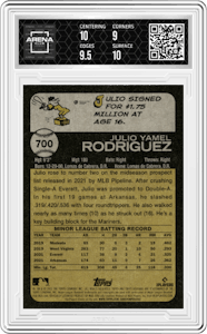 Julio Rodriguez from the 2022 Topps Heritage High Number set graded by Arena Club and given an overall grade of 9.5.