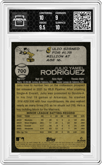 Julio Rodriguez from the 2022 Topps Heritage High Number set graded by Arena Club and given an overall grade of 9.5.