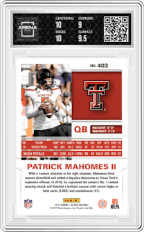 Patrick Mahomes II from the 2017 Panini Score set graded by Arena Club and given an overall grade of 9.5.