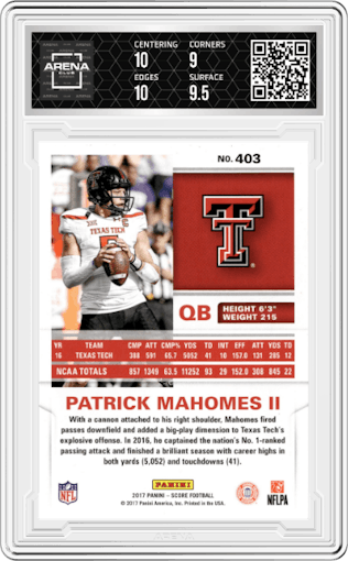 Patrick Mahomes II from the 2017 Panini Score set graded by Arena Club and given an overall grade of 9.5.