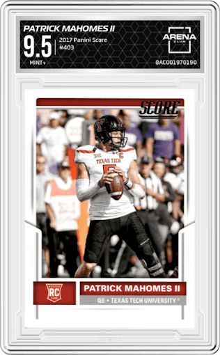 Patrick Mahomes II from the 2017 Panini Score set graded by Arena Club and given an overall grade of 9.5.