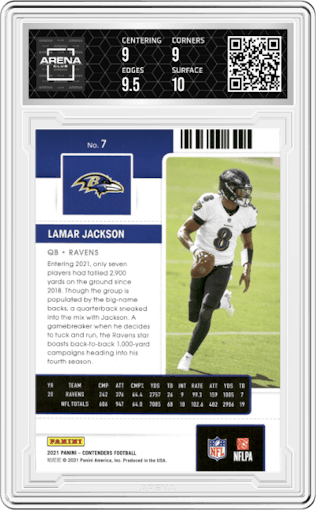 Lamar Jackson from the 2021 Panini Contenders   set featuring a Stardust parallel graded by Arena Club and given an overall grade of 9.5.