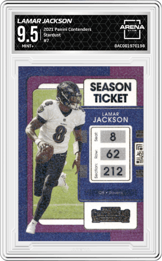 Lamar Jackson from the 2021 Panini Contenders   set featuring a Stardust parallel graded by Arena Club and given an overall grade of 9.5.