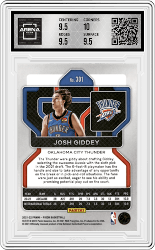Josh Giddey from the 2021-22 Panini Prizm  set graded by Arena Club and given an overall grade of 10.