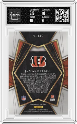 Ja'Marr Chase from the 2021 Panini Select set graded by Arena Club and given an overall grade of 9.
