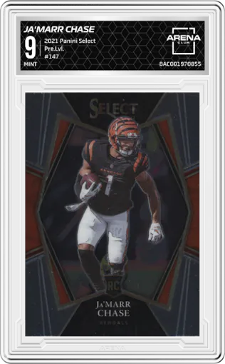 Ja'Marr Chase from the 2021 Panini Select set graded by Arena Club and given an overall grade of 9.