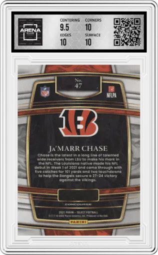 Ja'Marr Chase from the 2021 Panini Select set graded by Arena Club and given an overall grade of 10.