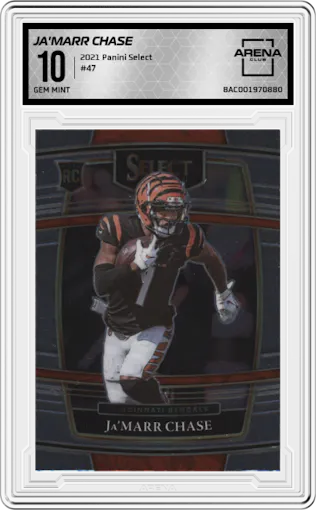 Ja'Marr Chase from the 2021 Panini Select set graded by Arena Club and given an overall grade of 10.