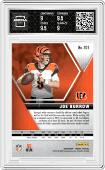 Joe Burrow from the 2020 Panini Mosaic set graded by Arena Club and given an overall grade of 9.5.